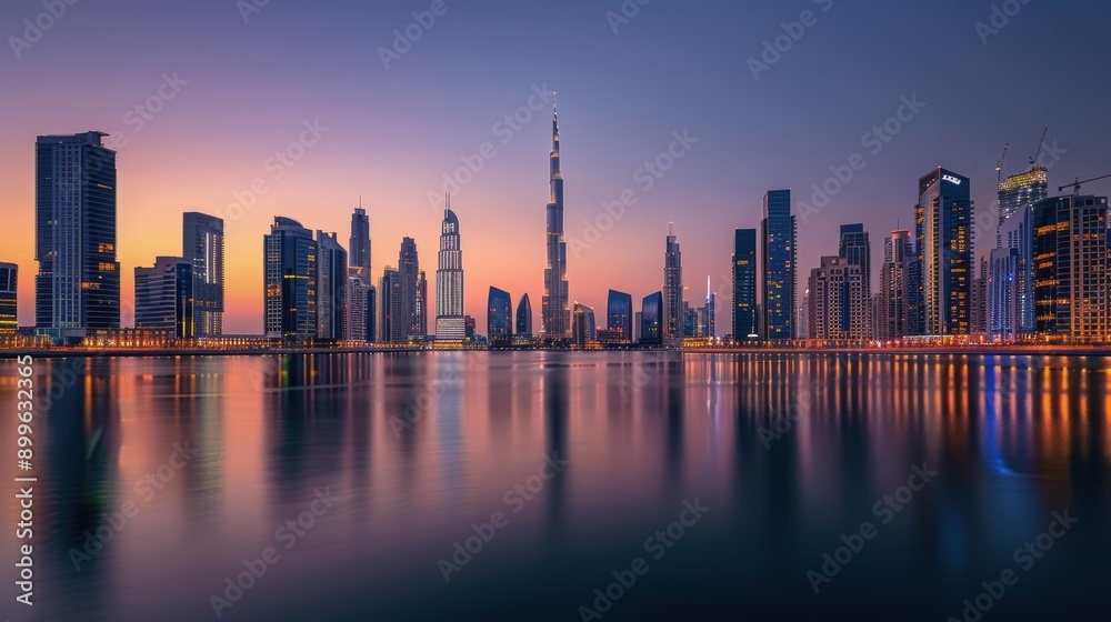 Dubai Skyline Reflected in Water at Sunset Dubai Skyline Reflected in Water at Sunset