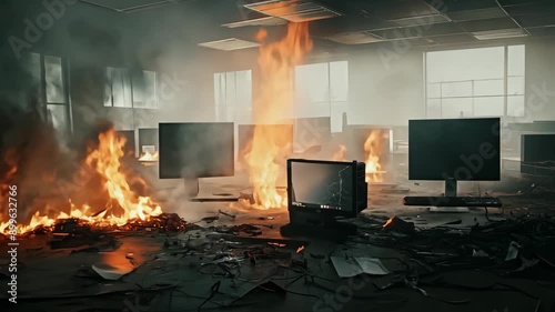 Flames roar as an abandoned office is consumed by fire, smoke billows around scattered debris, creating a haunting atmosphere of chaos and devastation.