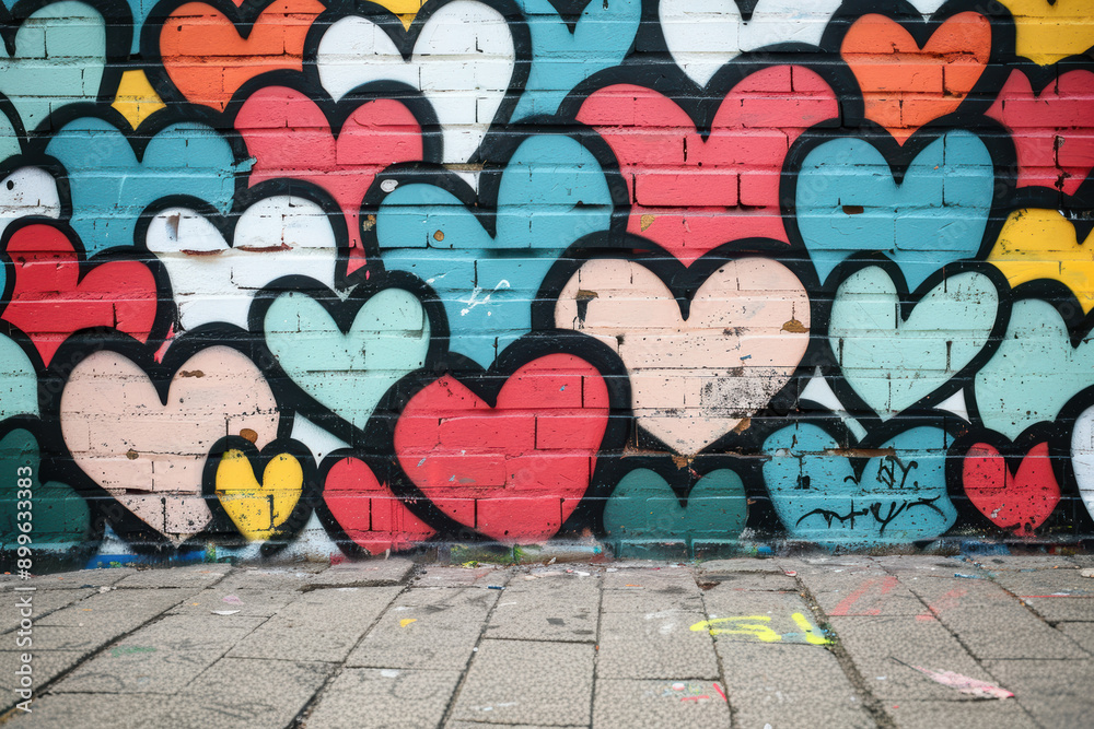 Fototapeta premium Colorful street art featuring various heart shapes on a brick wall, showcasing urban creativity and vibrant graffiti expressions.