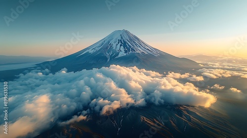 Stunning 4K drone view of a snow-capped mountain peak with clouds surrounding it