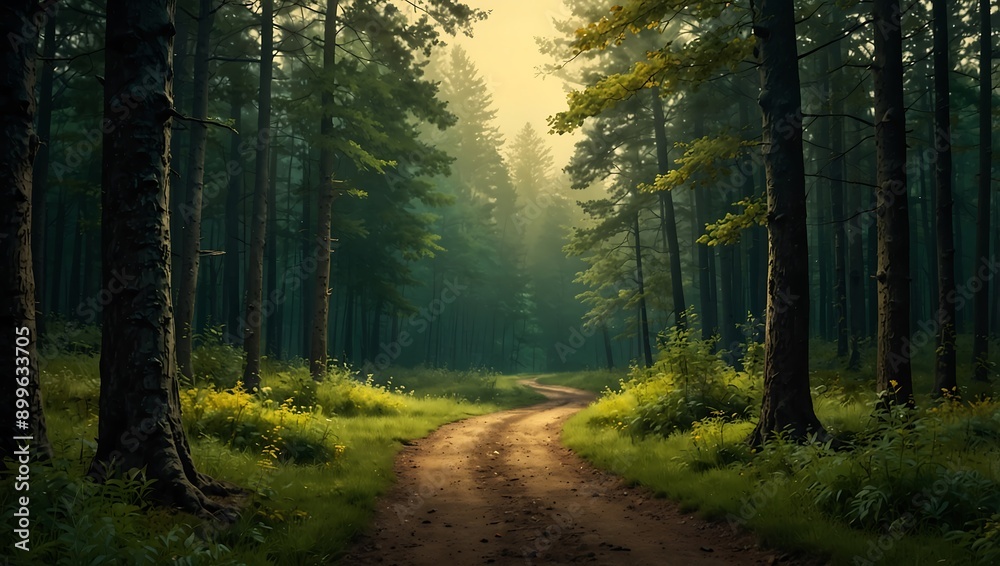 Fototapeta premium Forest path with a green to yellow gradient background.