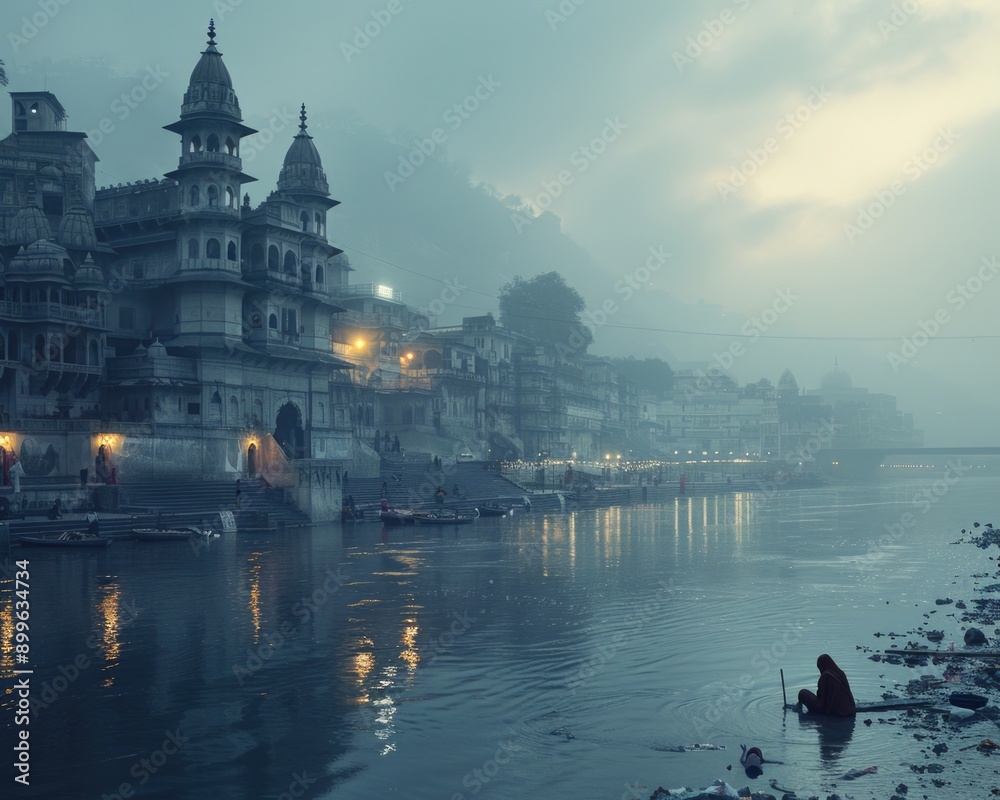 Naklejka premium Tranquil Pilgrimage: Sacred River Bathing for Purification and Devotion