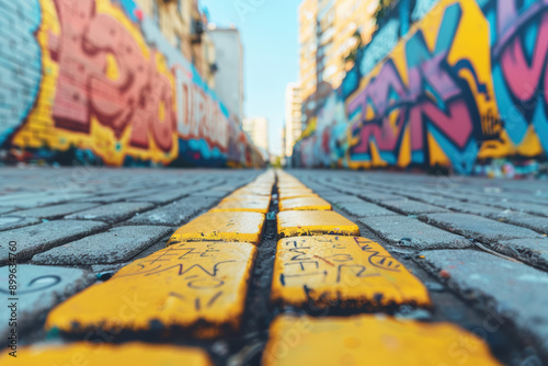 Vibrant urban alley with colorful graffiti art on brick walls, focusing on a yellow line in the center of a cobblestone pathway. Urban street culture.