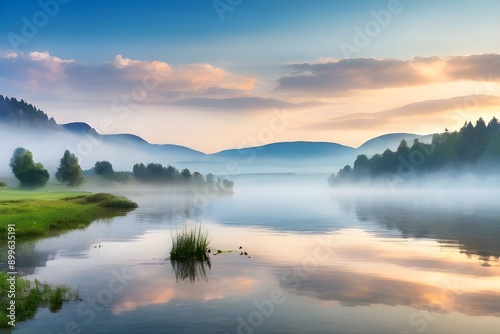 Misty morning scene of Lacu Rosu lake. Foggy summer sunrise in Harghita County, Romania, Europe. Beauty of nature concept background Generative AI