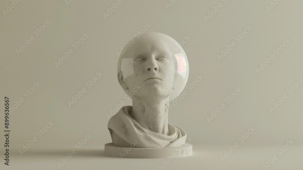 A minimalist bust sculpture with a transparent sphere covering the head, creating a surreal and abstract effect. A minimalist bust sculpture with a transparent sphere covering the head, creating a surreal and abstract effect.