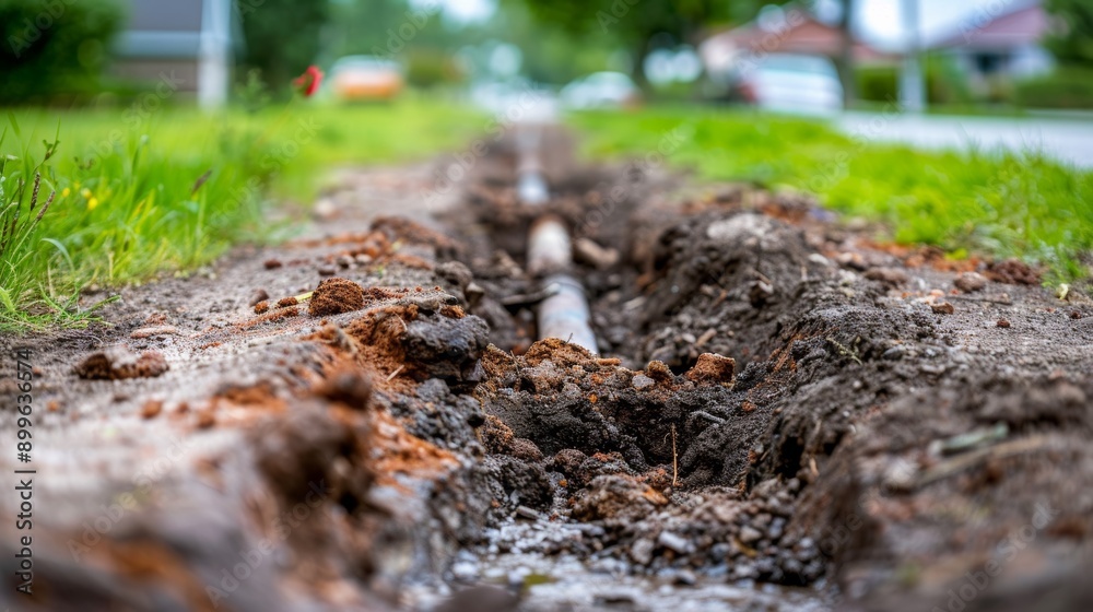 A construction site showing an open trench for utility installation in a residential area, surrounded by grass and a clear sky. A construction site showing an open trench for utility installation in a residential area, surrounded by grass and a clear sky.