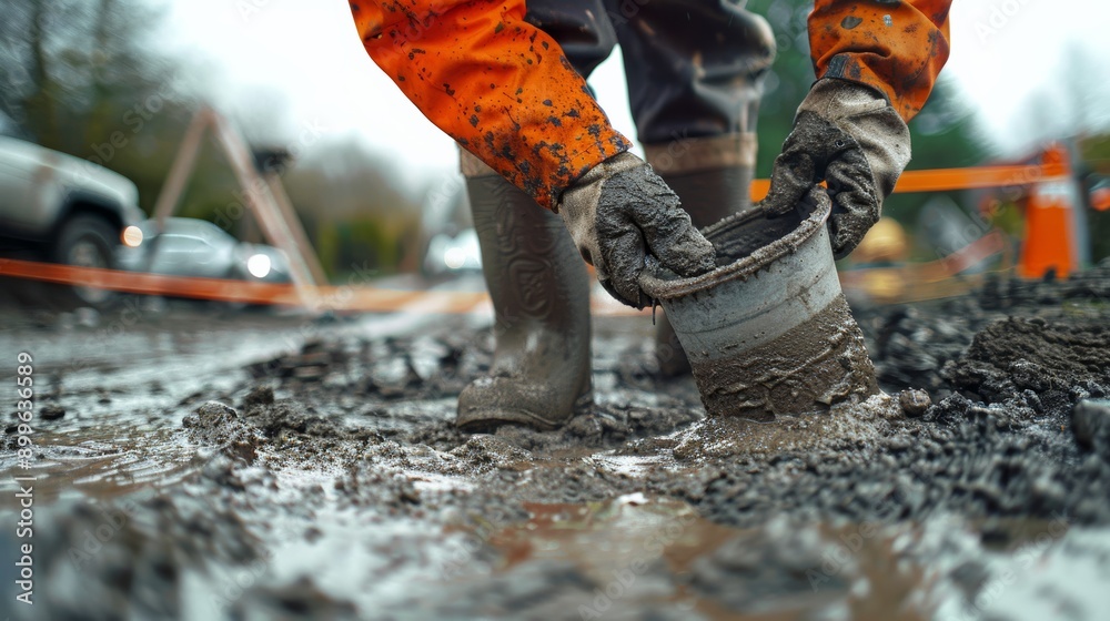 A construction worker in an orange jacket using a bucket to mix concrete in a muddy environment. A construction worker in an orange jacket using a bucket to mix concrete in a muddy environment.
