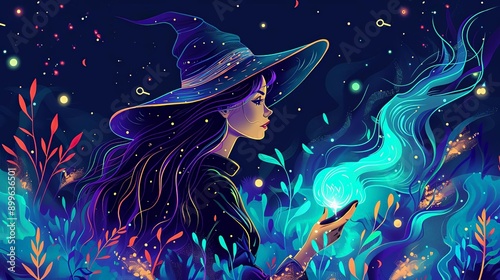 Witch conjuring spell, mystical energy, flat design illustration photo