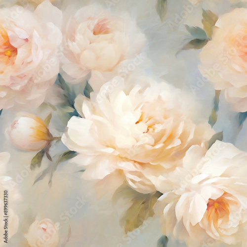 Vintage Watercolor Seamless Pattern with Peonies, Roses, and Camellias