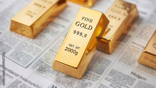High-resolution image of gold bullion bars on a financial newspaper with headlines about a price drop