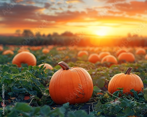 Vibrant Orange Pumpkins Scattered Across Autumn Sunset Field Landscape