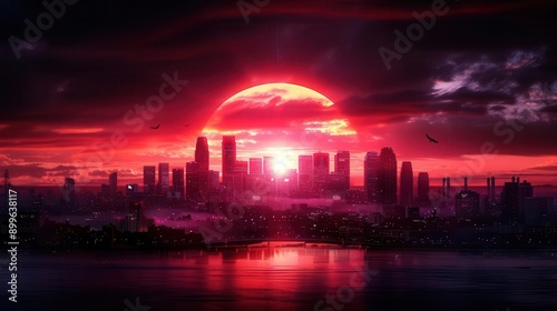 The skyline of Lublae during a spectacular sunset, Urban, Warm hues, Digital art photo