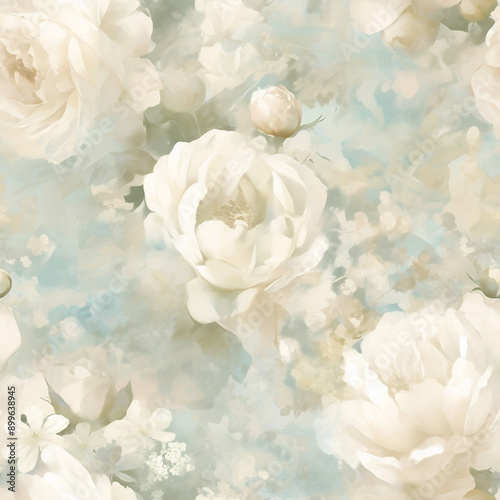 Vintage Watercolor Seamless Pattern with Peonies, Roses, and Camellias