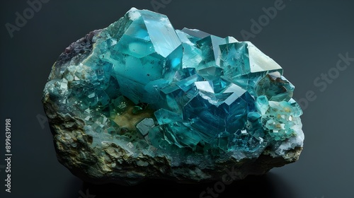 Cluster of teal fluorite crystals with a rough surface. 