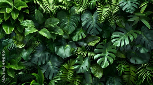 Lush Green Jungle Paradise. Dense tropical foliage with vibrant green leaves photo