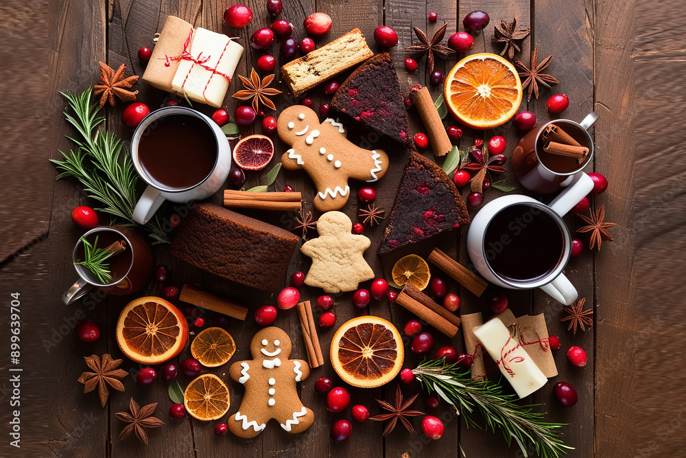 Rustic wooden table with Christmas baking essentials, gingerbread men, fruitcake slices, hot cocoa, and festive spices. Rustic wooden table with Christmas baking essentials, gingerbread men, fruitcake slices, hot cocoa, and festive spices.