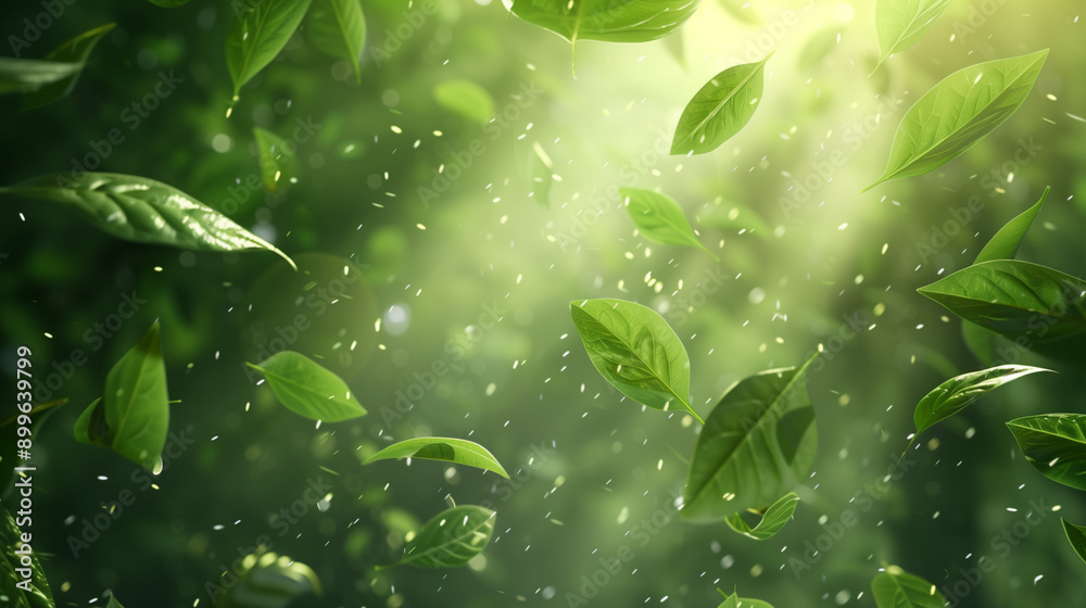 Flying green leaves effect with mild sunbeam in 3d illustration vector -- Flying green leaves effect with mild sunbeam in 3d illustration vector --