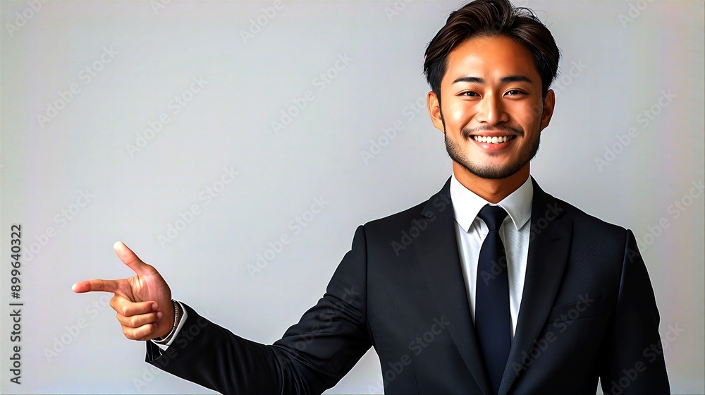 Smiling businessman in suit pointing to the side with copy space. Smiling businessman in suit pointing to the side with copy space.