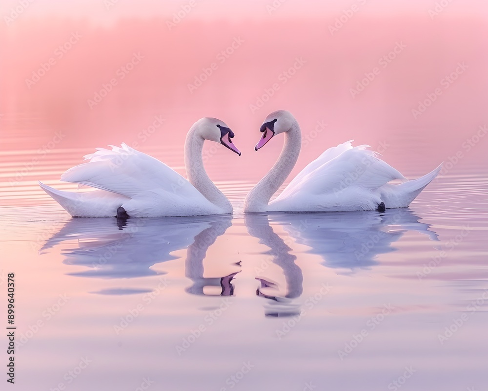 Obraz premium Gracefully Swans Swimming in Serene Pastel Hued Lake at Sunset with Tranquil Reflection