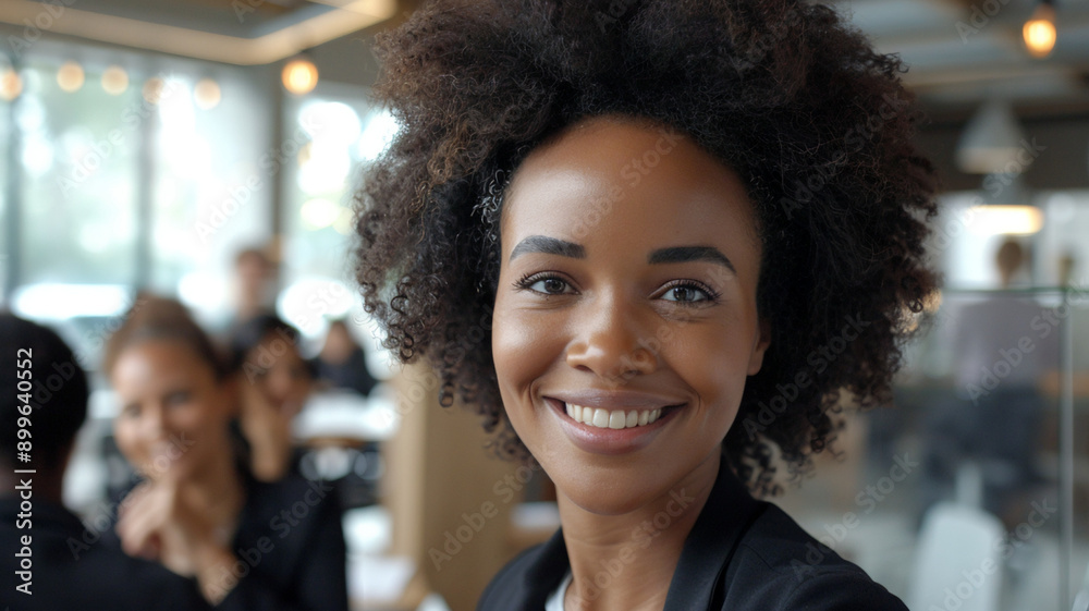Fototapeta premium A close-up portrait of a happy, smiling, and confident African-American businesswoman leader proudly looking at the camera with a team of company employees talking in the background in the office. 