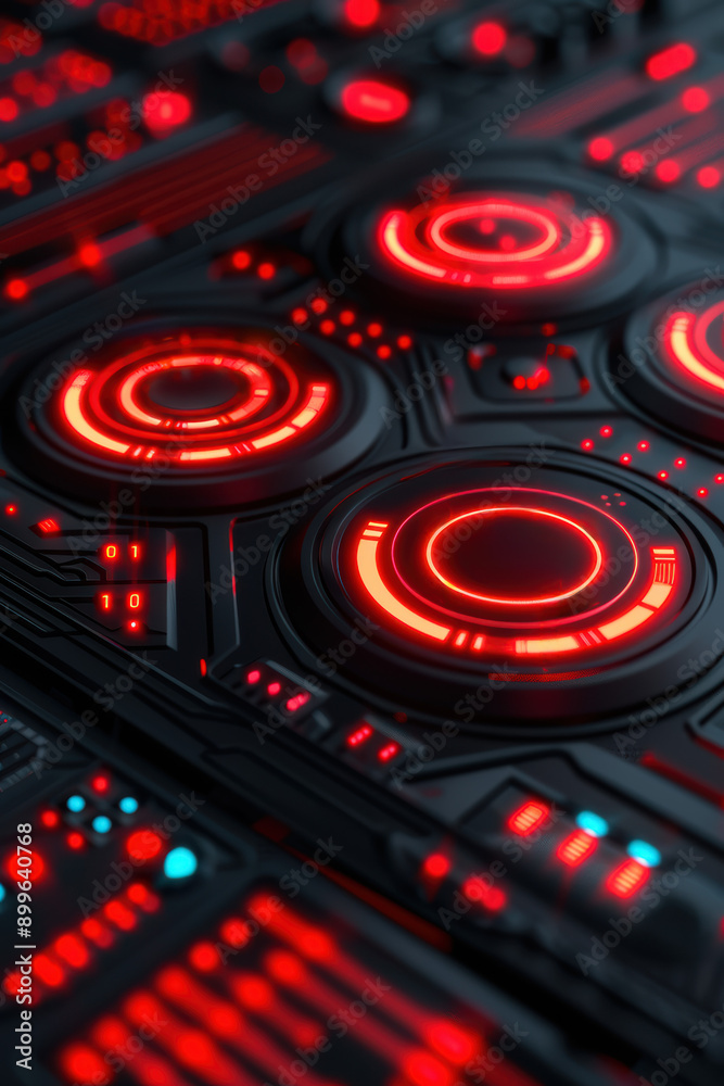 A futuristic control panel illuminated with red neon lights, showcasing a high-tech, sci-fi interface with intricate details in a dark environment. A futuristic control panel illuminated with red neon lights, showcasing a high-tech, sci-fi interface with intricate details in a dark environment.