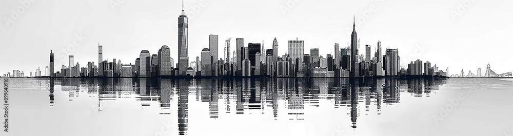 Fototapeta premium wide cover image of black and white city skyscrapers facade with reflection on water front 