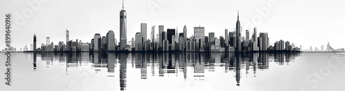 wide cover image of black and white city skyscrapers facade with reflection on water front     