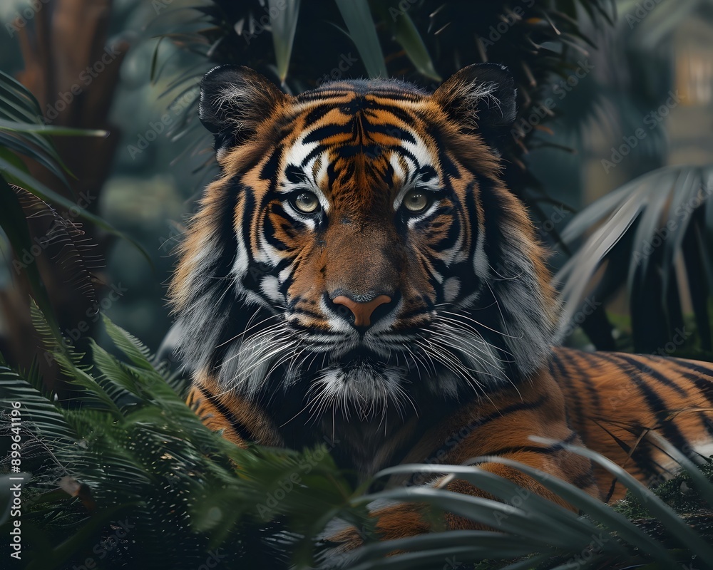 Majestic Bengal Tiger Resting in the Lush Jungle Shade Powerful Apex Predator in its Natural Habitat Majestic Bengal Tiger Resting in the Lush Jungle Shade Powerful Apex Predator in its Natural Habitat
