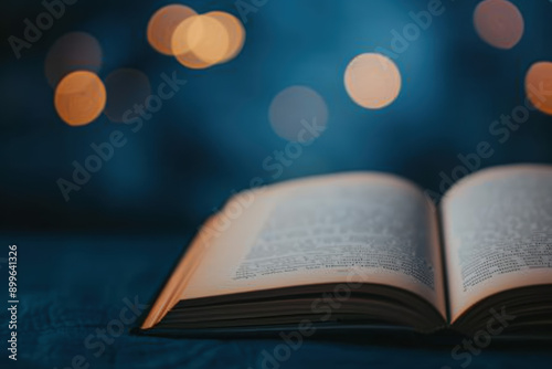 Open book on a blue background with bokeh lights. Cozy reading ambiance perfect for literature, study, and relaxation.