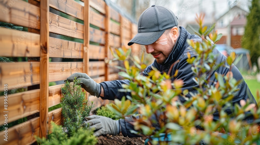 A gardener planting greenery beside a wooden fence, showcasing organic gardening and outdoor maintenance skills. A gardener planting greenery beside a wooden fence, showcasing organic gardening and outdoor maintenance skills.