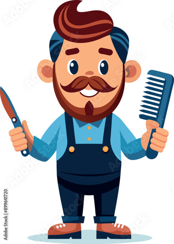 Cartoon barber holding scissors and comb smiling