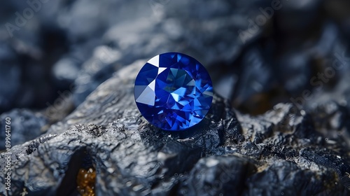 A striking blue sapphire gemstone, prominently displayed on a rugged stone surface, showcasing its deep hue and brilliant facets.