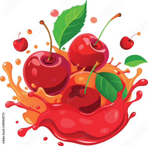Ripe red cherries creating a splash of juice