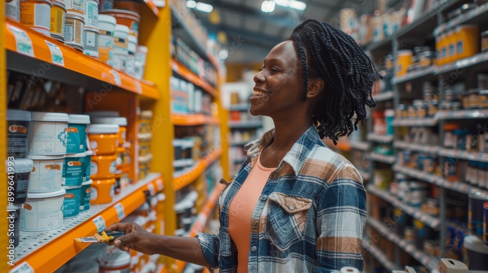A joyful woman selecting paint in a vibrant home improvement store, showcasing creativity and inspiration for her project. A joyful woman selecting paint in a vibrant home improvement store, showcasing creativity and inspiration for her project.