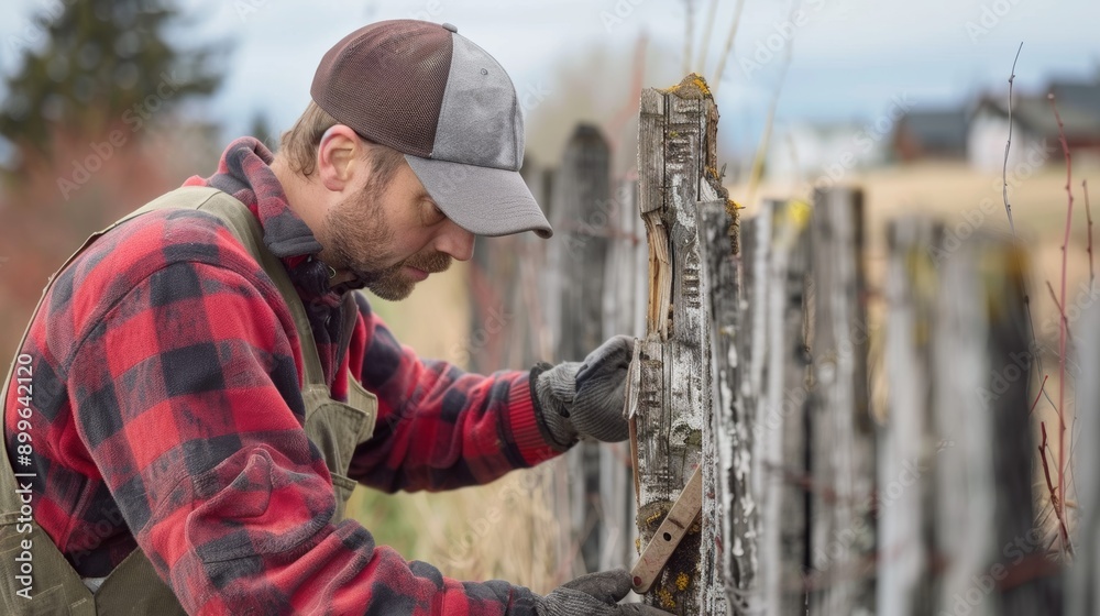 A man repairs a rustic fence in a rural setting, showcasing dedication to craftsmanship and outdoor work. A man repairs a rustic fence in a rural setting, showcasing dedication to craftsmanship and outdoor work.