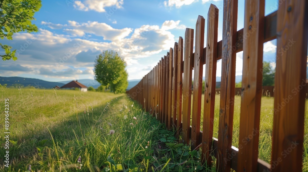 Fototapeta premium A picturesque wooden fence along a grassy field under a bright blue sky with fluffy clouds in the background.