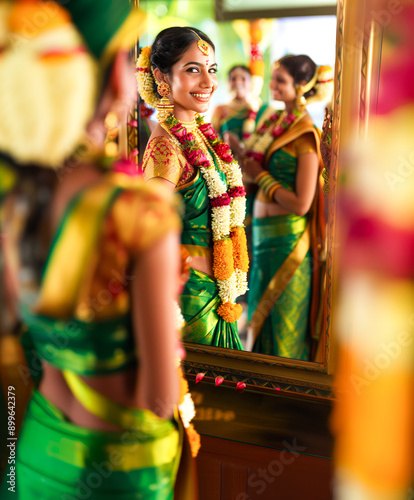 Beautiful Indian woman dressing up in front of mirror