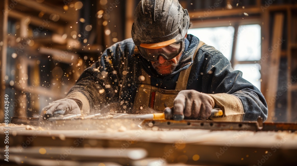 A skilled carpenter works meticulously on wood, creating precise cuts and generating a flurry of sawdust in a workshop environment. A skilled carpenter works meticulously on wood, creating precise cuts and generating a flurry of sawdust in a workshop environment.