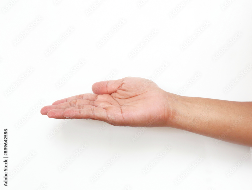 Man's hand holding open palm up isolated on white background. Palm up, close up Man's hand holding open palm up isolated on white background. Palm up, close up