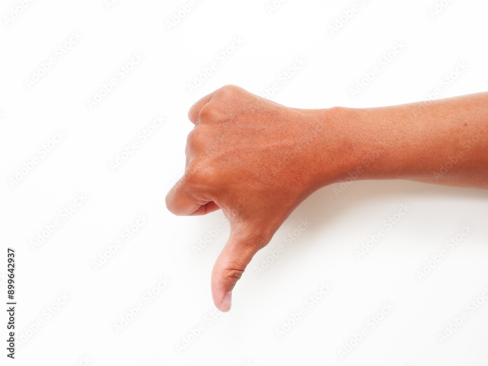 Hand thumb down isolated on the left side on white background. Rejection symbol Hand thumb down isolated on the left side on white background. Rejection symbol