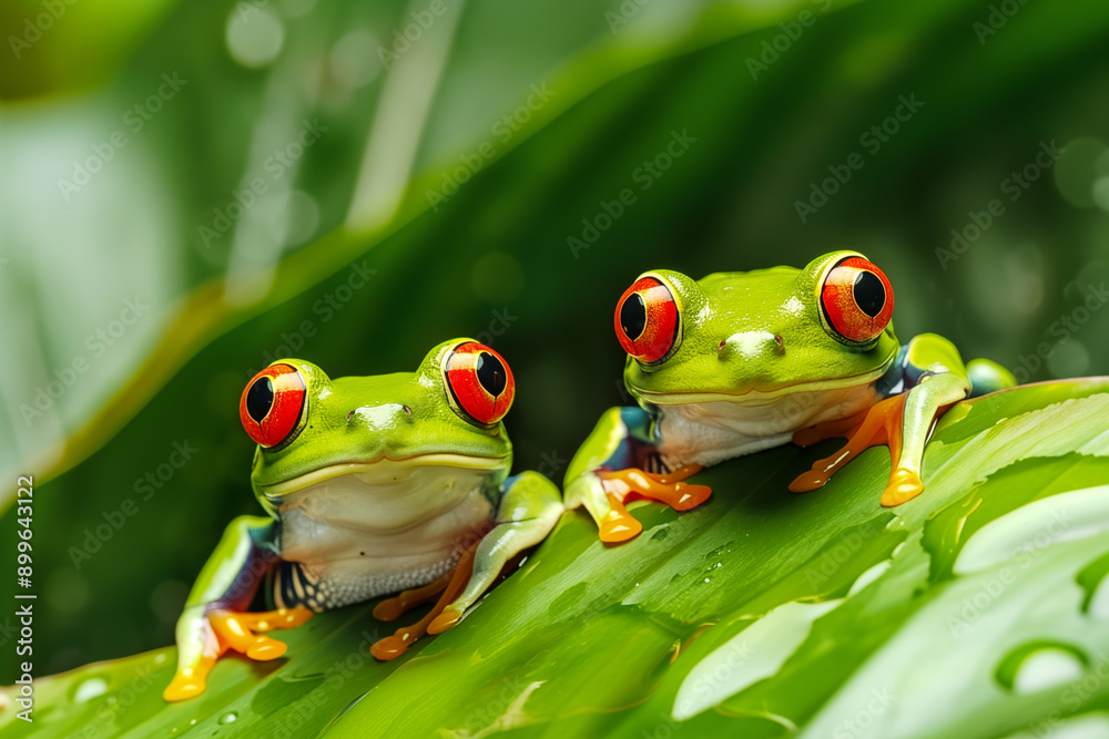 Fototapeta premium Front close up view of two funny red-eyed tree frogs (Agalychnis callidryas) on a green leaf with water drops after the rain, wildlife in a tropical rainforest of South America