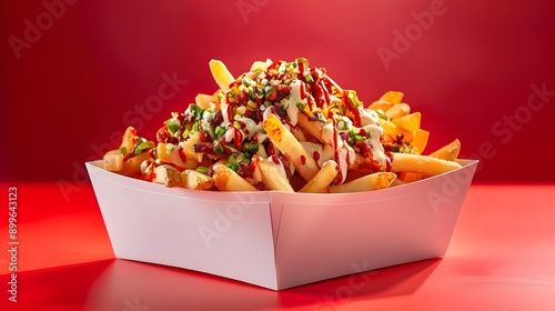 A white box overflowing with loaded fries, topped with vibrant sauces and chopped herbs, presented against a red background.

 photo