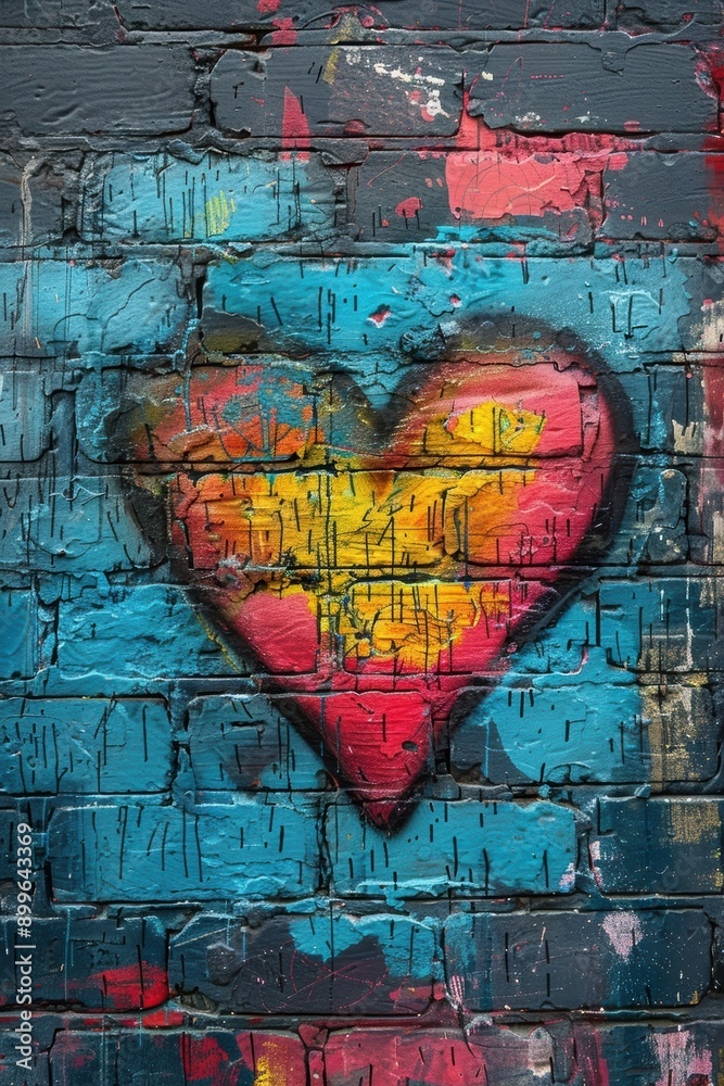 Fototapeta premium Vibrant graffiti heart with colorful spray paint on a textured brick wall, expressing urban street art and creativity.