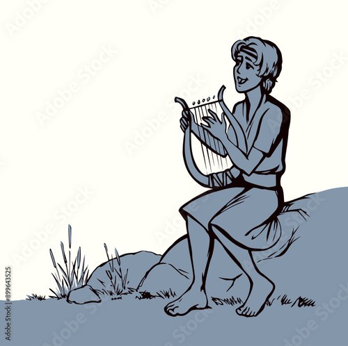 Vector drawing. Guy playing the harp