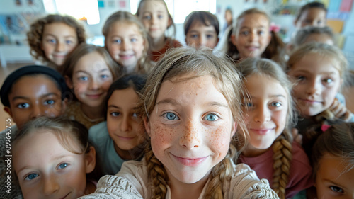 Happy children in a school classroom take selfies together. They are excited and enjoying their time in class.