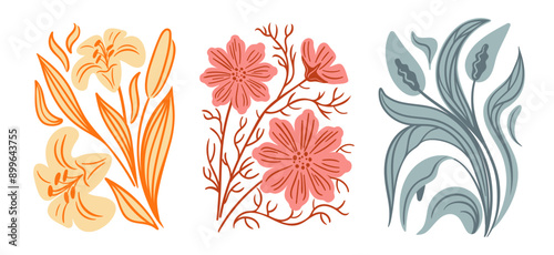 Spathiphyllum, Lilies, Cosmea. Modern flowers, decorative pattern set of pastel colors in geometric shapes. Abstract groovy botanical poster. Aesthetic vector vintage illustration.