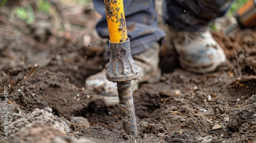 Close-up of a gardening tool breaking ground, showcasing the labor of planting and cultivating soil in a lush outdoor environment.