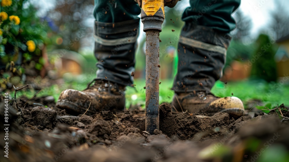 Close-up of boots digging into rich, dark soil with a garden fork, showcasing the essence of gardening and earth cultivation. Close-up of boots digging into rich, dark soil with a garden fork, showcasing the essence of gardening and earth cultivation.