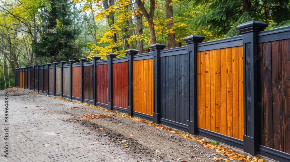 Colorful wooden fence alongside a path surrounded by autumn foliage and trees, enhancing the natural beauty of the area.