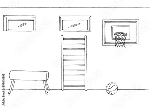 Sport hall school gym interior graphic black white sketch illustration vector 